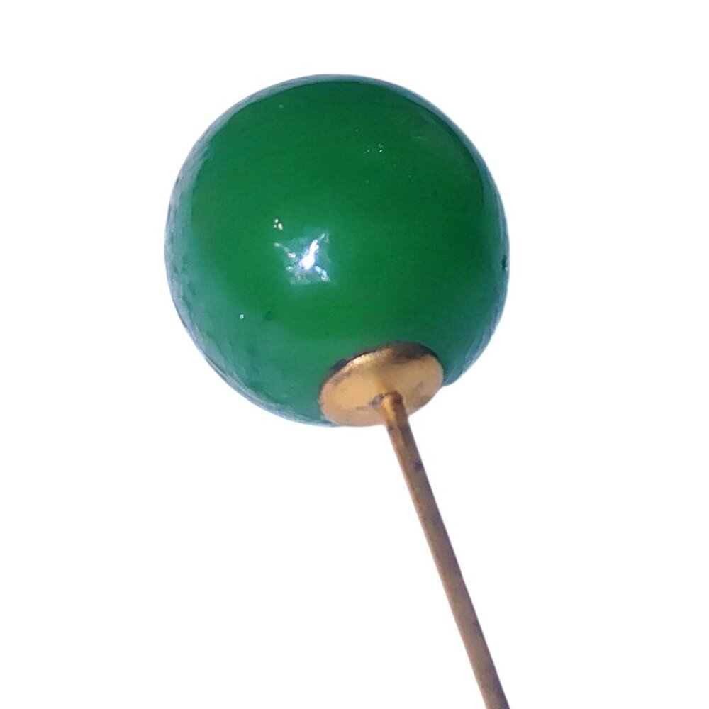 Long Hat Dress Pin Vintage Brass Green Glass Bead Gold Tone Straight